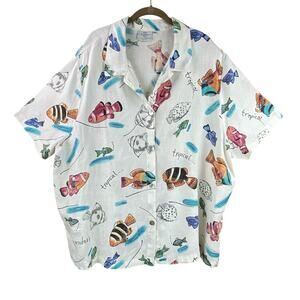 Hot Cotton 100% Linen Tropical Fish Shirt Size 3X Beach Coastal Resort Cruise